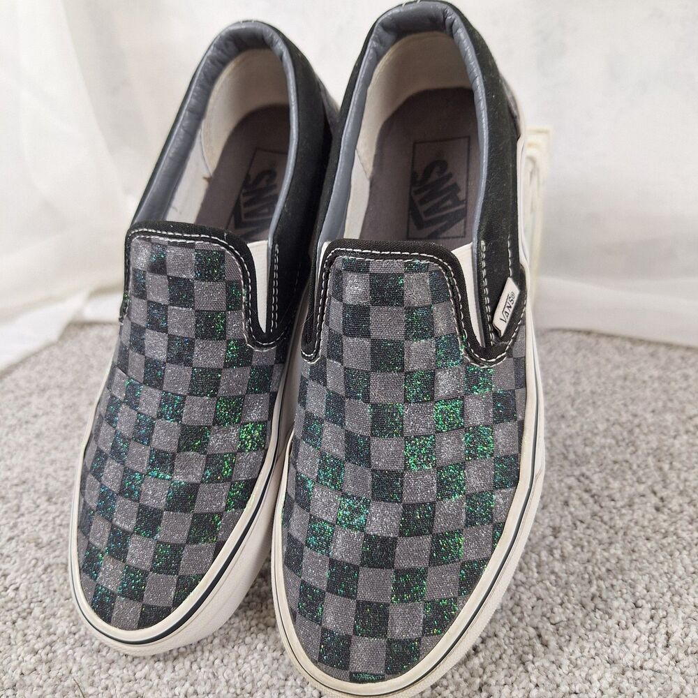 7.5 Women Y2K Sparkle Glitter Shimmering Slip-on Checker Skater Surfer Beach
